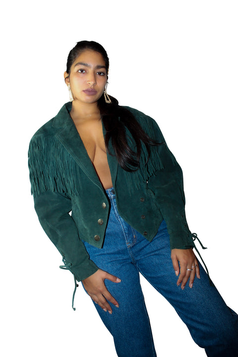 Genuine Leather Green Fringe Motor Jacket