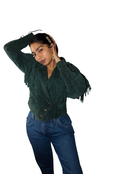 Genuine Leather Green Fringe Motor Jacket