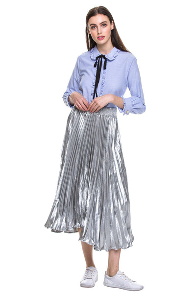 Metallic Silver Pleated Midi Skirt on Model - Photo 1