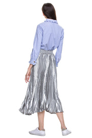 Metallic Silver Pleated Midi Skirt on Model - Photo 2
