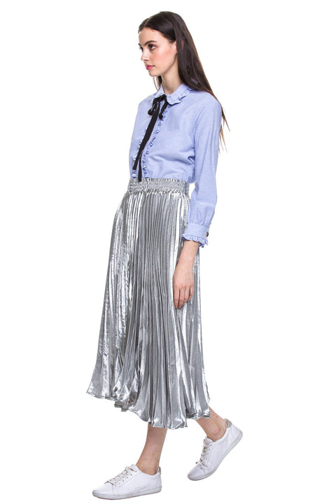 Metallic Silver Pleated Midi Skirt on Model - Photo 3