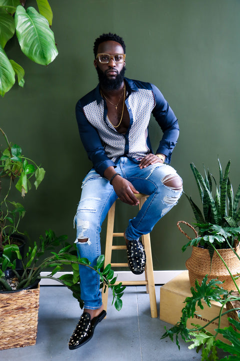 Navy Blue Patterned Polyester Button Down Top