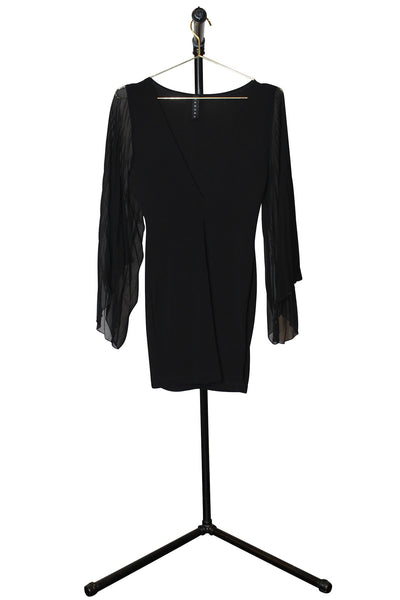 Black Sheer Pleated Long Sleeve Mini Dress - Front