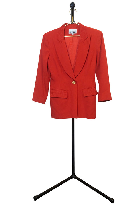 Embroidered Pocket and Collar Red Blazer with Gold Button Details - Front