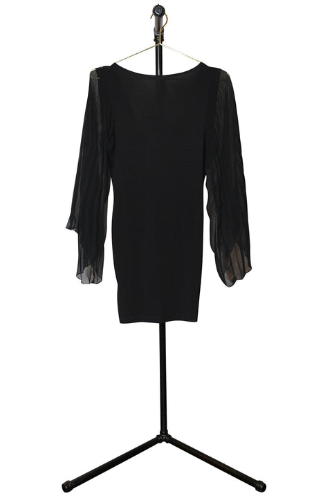 Black Sheer Pleated Long Sleeve Mini Dress - Back