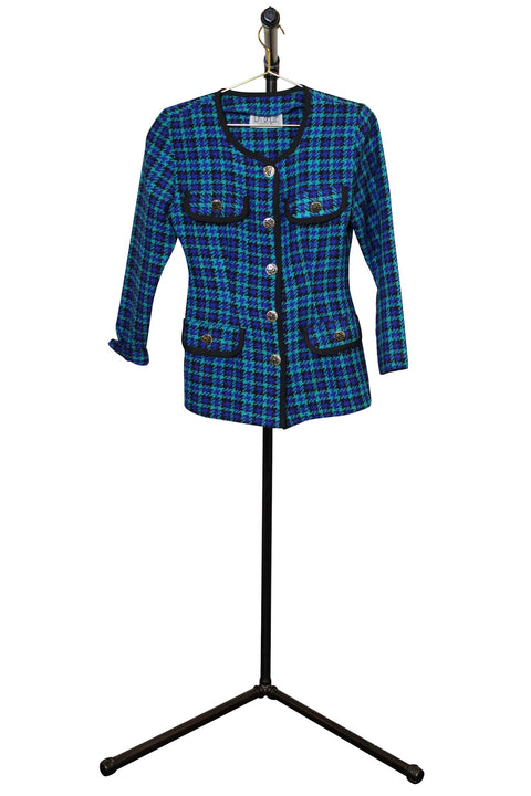 Green and Blue Houndstooth Wool Blazer - Front