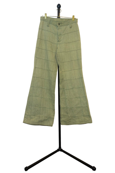 Sage Green Denim Bell Bottoms With Square Patch Seams - Front