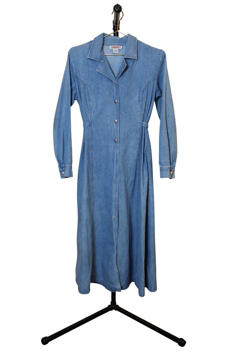 Mid-Length Denim Button Down Waist Tie-Back Dress - Front