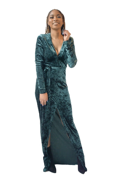 Emerald Velvet Deep Plunge High Slit Wrap Dress on Model - Photo #2