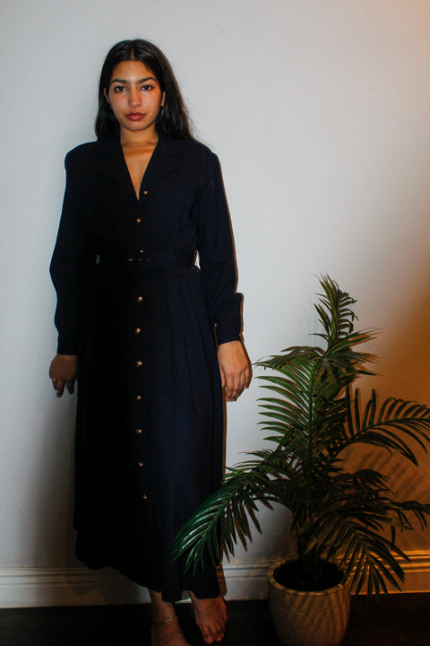 Mid-Length Navy Blue Button Down Dress with Belt