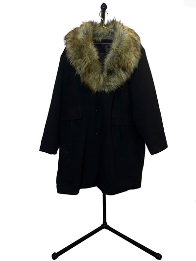Oversized Faux Fur Collared Black Coat - Front 