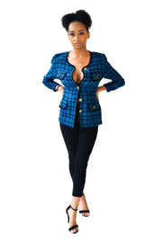 Green and Blue Houndstooth Chanel-Like Wool Blazer