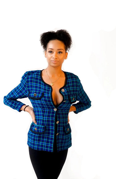 Green and Blue Houndstooth Wool Blazer on Model - Photo 1