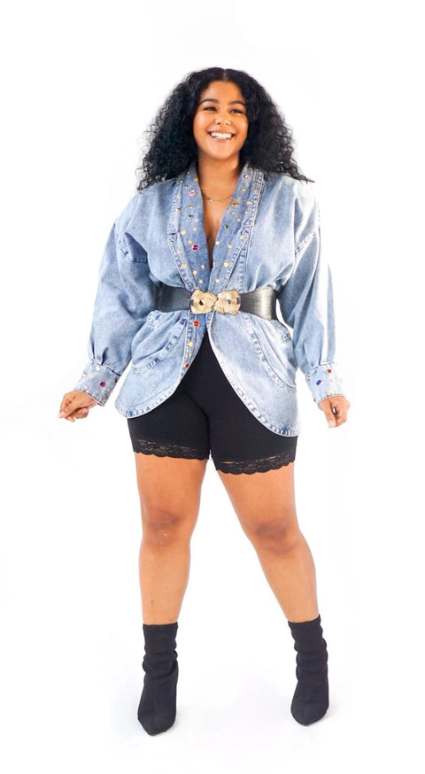 Gold Studded Denim Jacket on Model - Photo 1