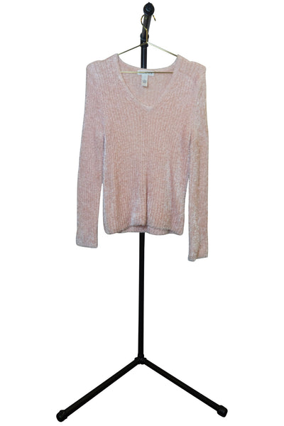 Ribbed Fuzzy Pink V-Neck Sweater - Front 