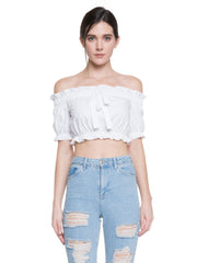 English Factory Solid Off-the-Shoulder Ruffled Cropped Blouse