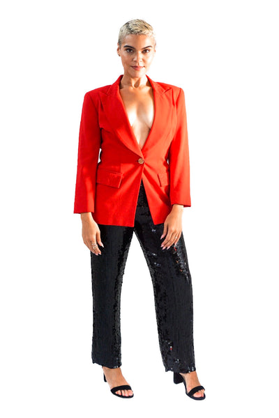 Embroidered Pocket and Collar Red Blazer with Gold Button Details on Model - Photo 2