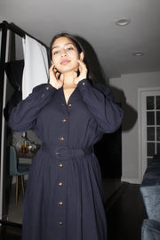 Mid-Length Navy Blue Button Down Dress with Belt