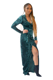 Emerald Velvet Deep Plunge High Slit Wrap Dress